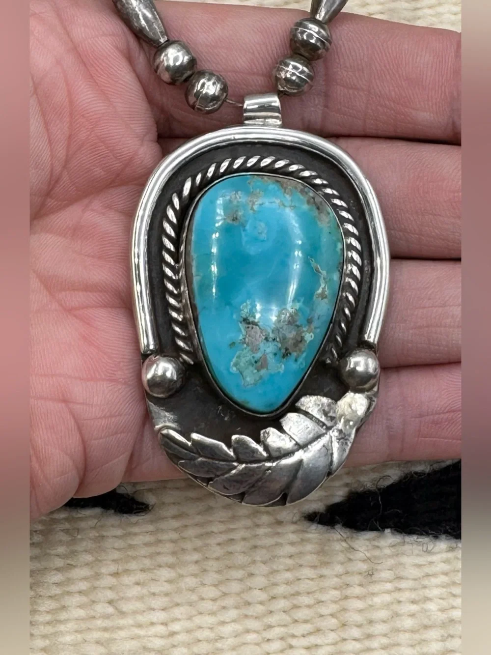 Navajo Native American Sterling Silver Turquoise Bench Bead Beaded Necklace